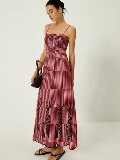 Plaid Print Embroidered Cutout Cami Long Dress