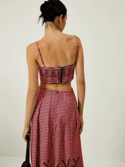 Plaid Print Embroidered Cutout Cami Long Dress