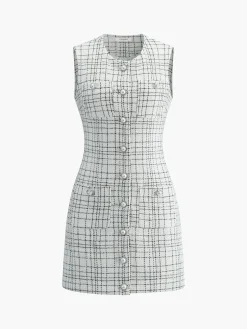 Plaid Print Pearl Button Sleeveless Short Dress