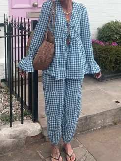Plaid Ruffle Elastic Waist Pants Set