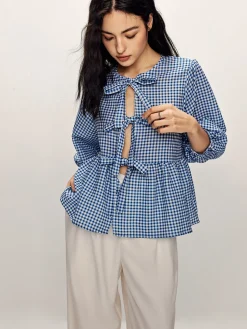 Plaid Tie Front Half Sleeve Blouse
