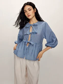 Plaid Tie Front Half Sleeve Blouse