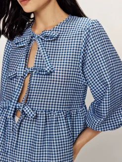 Plaid Tie Front Half Sleeve Blouse