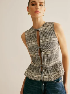 Plaid Tie Front Ruffle Tank Top