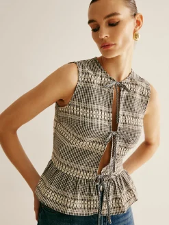 Plaid Tie Front Ruffle Tank Top