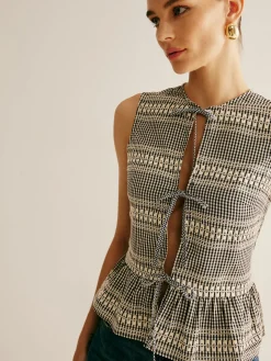 Plaid Tie Front Ruffle Tank Top