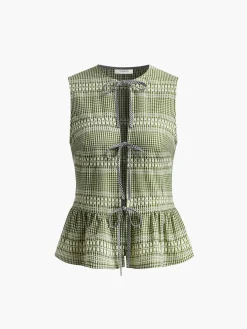 Plaid Tie Front Ruffle Tank Top