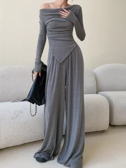 Plain Asymmetrical Draped Pants Set
