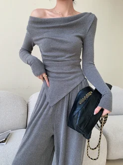 Plain Asymmetrical Draped Pants Set