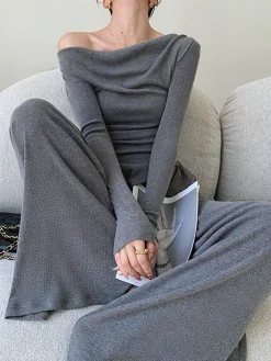 Plain Asymmetrical Draped Pants Set
