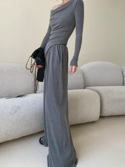 Plain Asymmetrical Draped Pants Set
