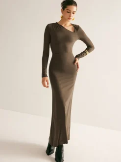 Plain Asymmetrical Neck Long Dress