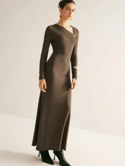 Plain Asymmetrical Neck Long Dress