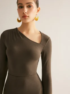 Plain Asymmetrical Neck Long Dress