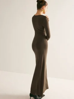 Plain Asymmetrical Neck Long Dress