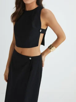 Plain Button Detail Top With Split Maxi Skirt Set