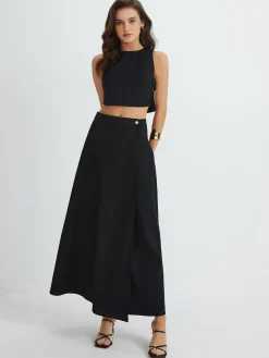 Plain Button Detail Top With Split Maxi Skirt Set