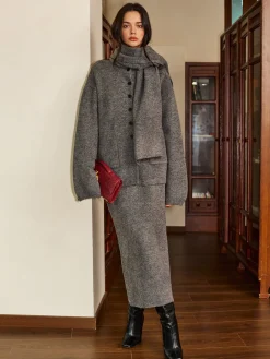 Plain Button Sweater Skirt Set With Scarf