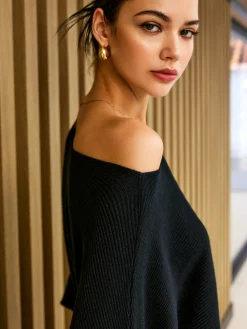 Plain Cold Shoulder Loose Sweater