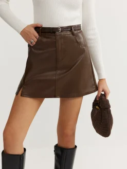 Plain Faux Leather Belted Skirt