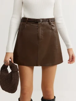 Plain Faux Leather Belted Skirt