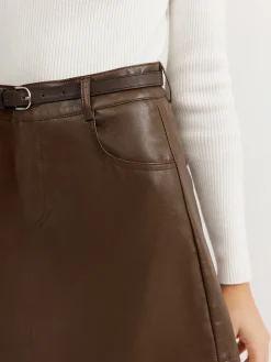 Plain Faux Leather Belted Skirt