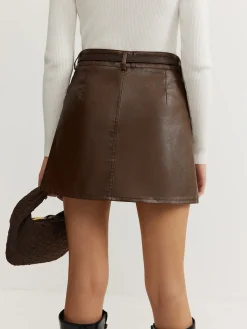 Plain Faux Leather Belted Skirt