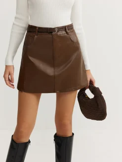 Plain Faux Leather Belted Skirt