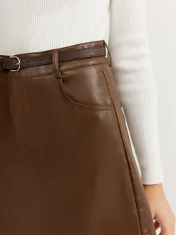 Plain Faux Leather Belted Skirt