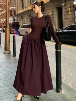 Plain Long Sleeve Pleated Dress