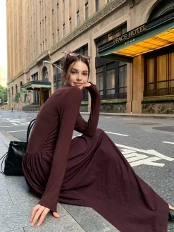 Plain Long Sleeve Pleated Dress