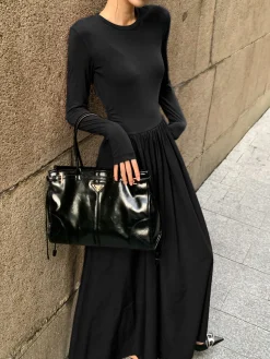 Plain Long Sleeve Pleated Dress