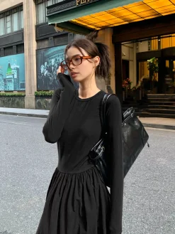 Plain Long Sleeve Pleated Dress