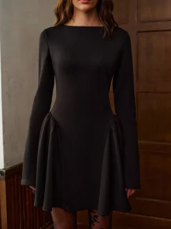 Plain Long Sleeve Pleated Short Dress