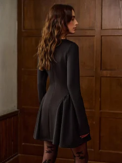 Plain Long Sleeve Pleated Short Dress
