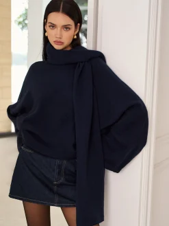 Plain Loose Sweater With Scarf