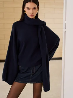 Plain Loose Sweater With Scarf