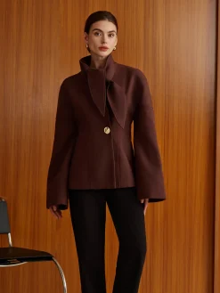 Plain Metal-Button Coat With Scarf