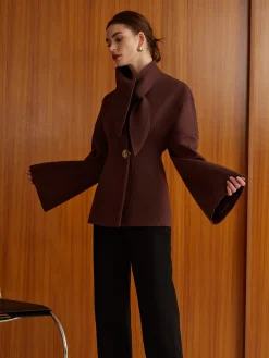 Plain Metal-Button Coat With Scarf