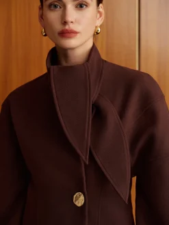 Plain Metal-Button Coat With Scarf