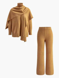 Plain Mock Neck Three-Piece Sweater Pants Set