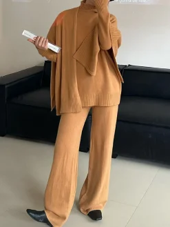 Plain Mock Neck Three-Piece Sweater Pants Set