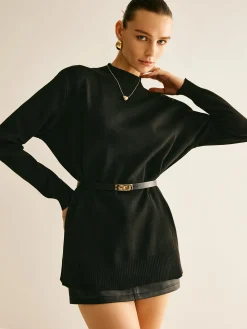 Plain Mock Neck Versatile Belted Sweater