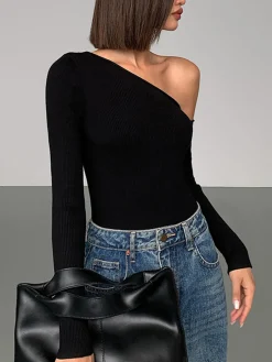 Plain One-Shoulder Knit Top