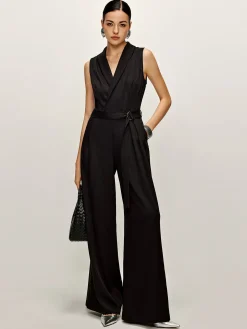 Plain Panel Sleeveless Belted Jumpsuit