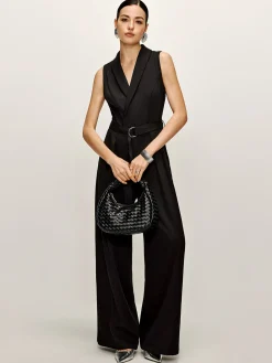Plain Panel Sleeveless Belted Jumpsuit