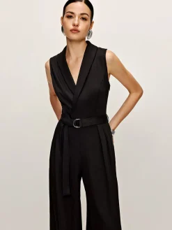 Plain Panel Sleeveless Belted Jumpsuit