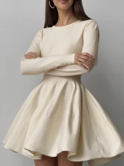 Plain Pleated Sweater Short Dress