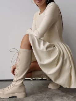 Plain Pleated Sweater Short Dress