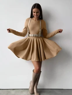 Plain Pleated Sweater Short Dress